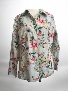 Chico's Light blue Blouse, Pink Floral & Butterfly Print, US Size 8/10 or M.